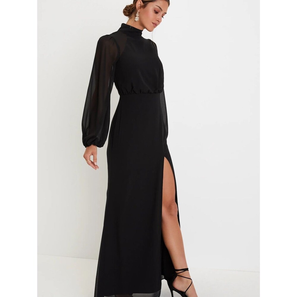 Lulu's Black High-Neck Maxi Dress with Sheer Bishop Sleeves Size XS